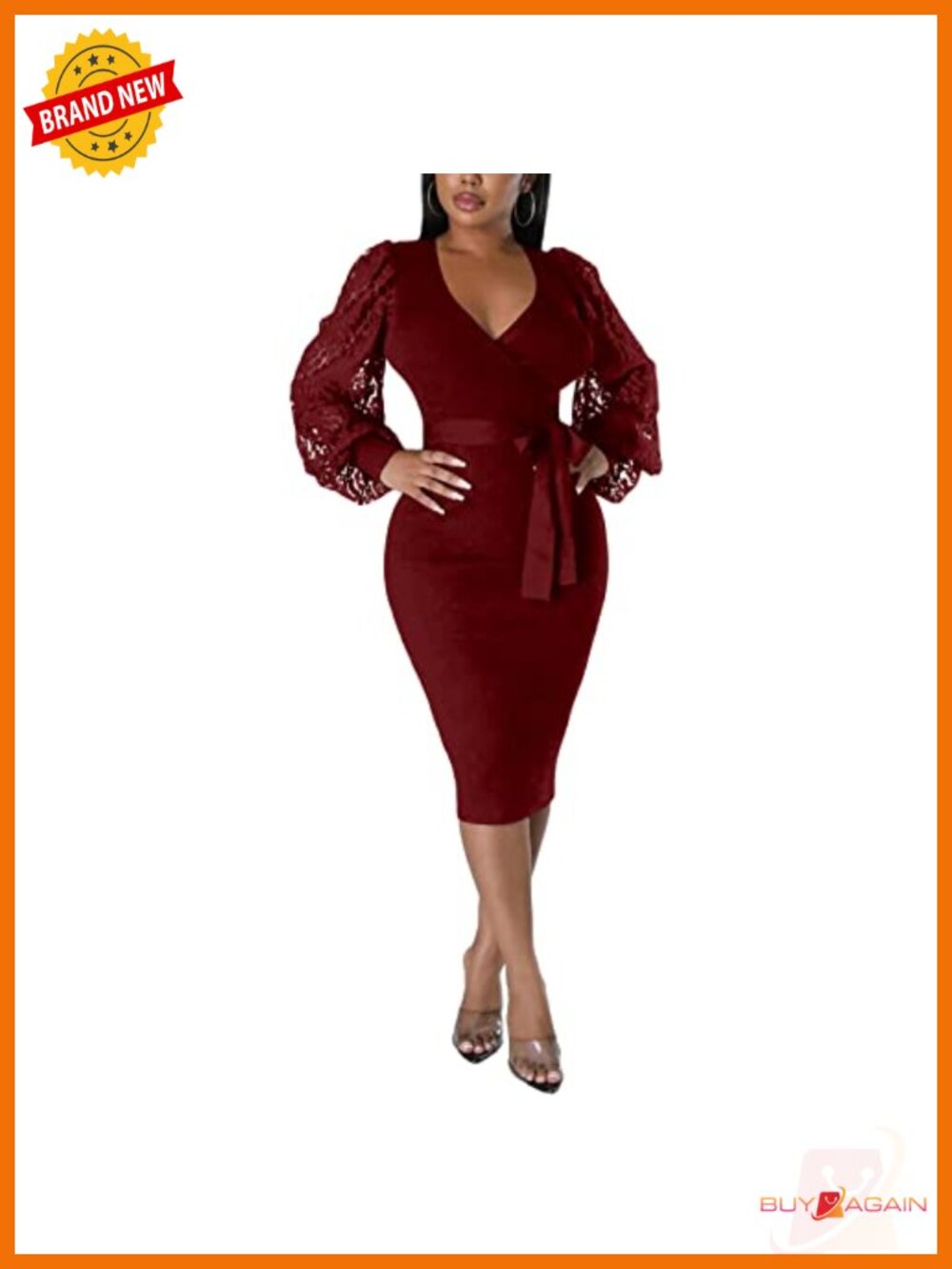 BOGURST Women's Semi-Formal Bishop Sleeve Bodycon Midi Dress